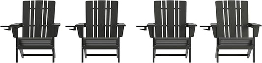 Flash Furniture Halifax Adirondack Chairs with Cup Holders, Weather Resistant Poly Resin Adirondack Chairs, Set of 4, Black