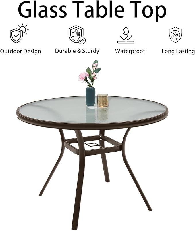 Round Outdoor Dining Table for 4 Person, 40 inch Glass Top, Brown Powder-Coated Frame with Umbrella Hole Outdoor Furniture