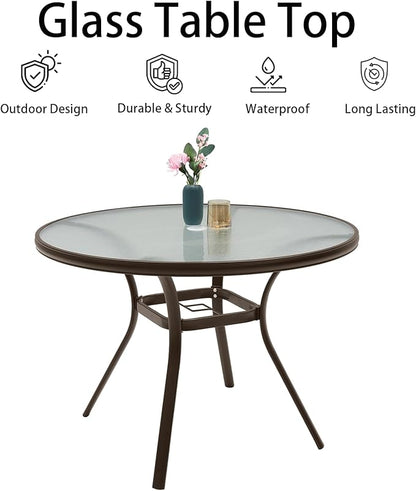 Round Outdoor Dining Table for 4 Person, 40 inch Glass Top, Brown Powder-Coated Frame with Umbrella Hole Outdoor Furniture