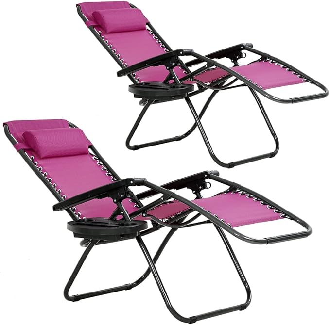 Zero Gravity Chair Patio Chair Lounge Chair Chaise Set of 2 Outdoor Folding Adjustable Recliner Chair with Cup Holder Tray and Pillows for Patio, Pool, Beach, Lawn, Deck, Yard - Red