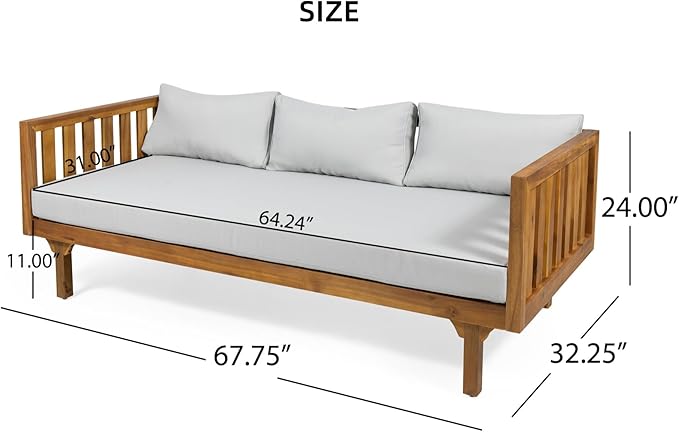 Merax Outdoor 3 Seater Daybed, Acacia Wood Day Bed Couch Sofa with Cushions for Patio Backyard, Garden, Light Grey
