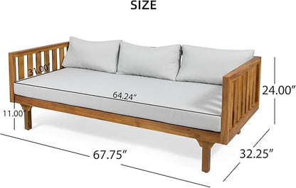 Merax Outdoor 3 Seater Daybed, Acacia Wood Day Bed Couch Sofa with Cushions for Patio Backyard, Garden, Light Grey