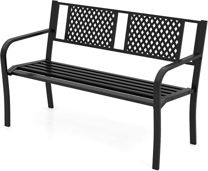 Tangkula Metal Outdoor Garden Bench, 50 Inches Patio Bench with Patterned Backrest and Curved Armrests, 2-3-Person Outside Bench, Heavy-Duty Metal Loveseat Chair for Porch, Lawn & Yard