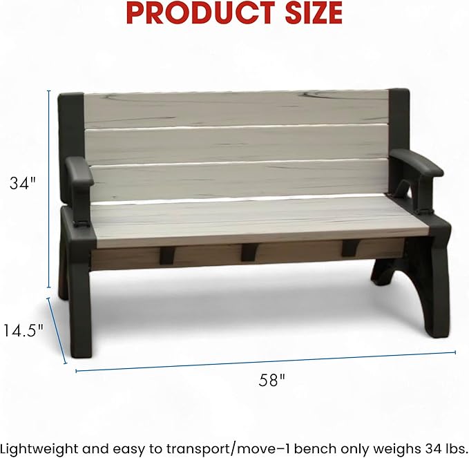 Convert-a-Bench 2-in-1 Outdoor Bench & Picnic Table - Foldable, Weather-Resistant Seating - Perfect for Patio, Lawn, Garden, Deck - Durable Construction, Easy Assembly, 1 Bench/Order Mocha Driftwood