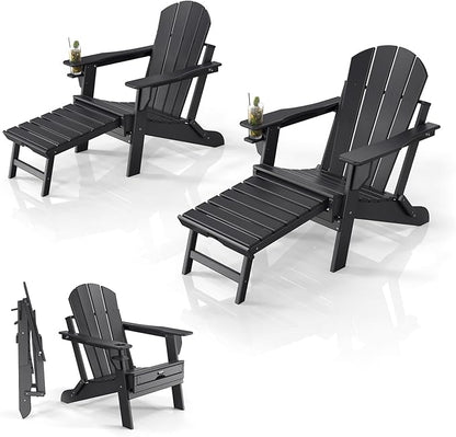 VINGLI Folding Adirondack Chair Set of 2 with Ottoman, Waterproof Plastic HDPE Firepit Chair for Outside with Hidden Footrests, Foldable Ergonomics Seating for Patio Porch Yard Garden(Black)