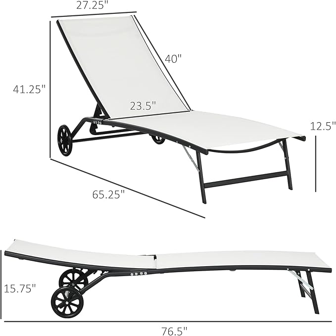 Outsunny Chaise Lounge Outdoor, 2 Piece Lounge Chair with Wheels, Tanning Chair with 5 Adjustable Positions for Patio, Beach, Yard, Pool, Cream White
