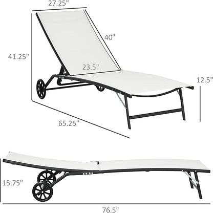 Outsunny Chaise Lounge Outdoor, 2 Piece Lounge Chair with Wheels, Tanning Chair with 5 Adjustable Positions for Patio, Beach, Yard, Pool, Cream White