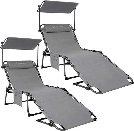 KingCamp 2 Pack Tanning Chair with Face Hole, Lounge Chairs Outdoor Folding Portable Comfy Adjustable 5-Position Foldable Chaise Chaser with Canopy Shade for Outside Beach, Grey