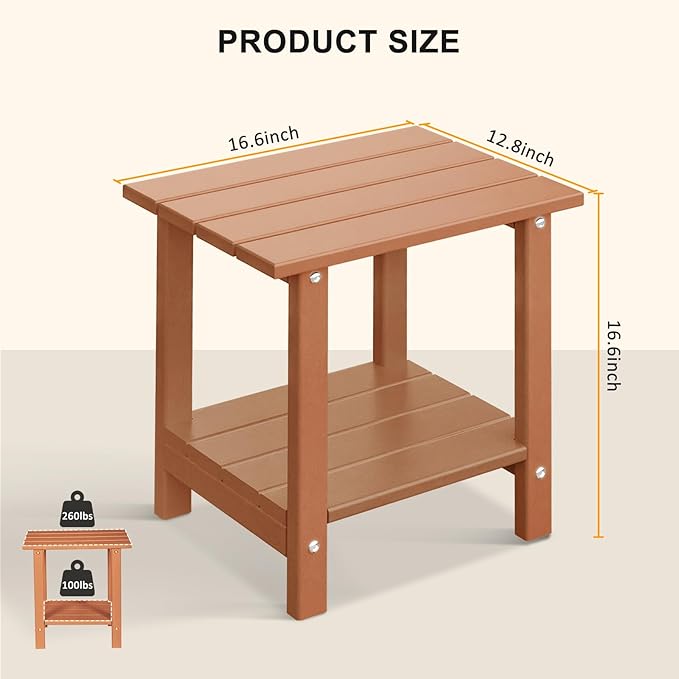 Adirondack Outdoor Side Table, 16.6" Small Patio End Table, 2-Tier HDPE Plastic Table for Poolside Porch Garden, Weather Resistant & Easy Assembly (Teak, Rectangle)