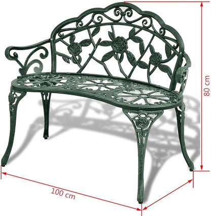 Cast Aluminum and Cast Iron Garden Bench with Floral Pattern in Green Finish, 39.4 Inch Durable Outdoor Seating for Patio and Backyard, Comfortable Armrests and Easy