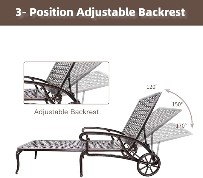 Chaise Outdoor Aluminum Lounge Chair with Wheels, 3-Position Adjustable Recliner Furniture Set for Poolside - Photo 5