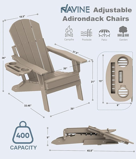 Adjustable Adirondack Chair Set of 8 with Cup Holder, All Weather HDPE Fire Pit Chairs for Deck, Backyard, Patio, Brown
