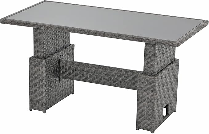 SUNSITT Outdoor Patio Lift Dining Table, Rectangle Patio Coffee Table with Glass Tabletop, Wicker Furniture Multi-Function Dining Table for Backyard, Deck, Garden, Grey