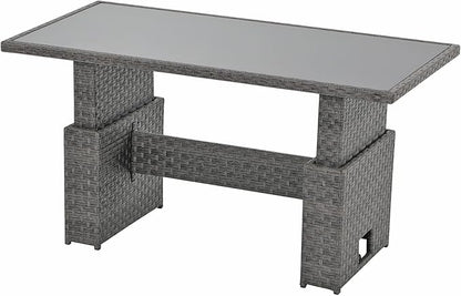 SUNSITT Outdoor Patio Lift Dining Table, Rectangle Patio Coffee Table with Glass Tabletop, Wicker Furniture Multi-Function Dining Table for Backyard, Deck, Garden, Grey