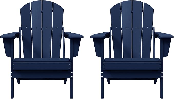 Costaelm Folding Patio Chairs Set of 2, Hdpe Adirondack Chairs Front Porch Furniture Outdoor Seating, All Weather Tanning Chair for Backyard Firepit Garden Lawn, Navy Blue