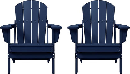 Costaelm Folding Patio Chairs Set of 2, Hdpe Adirondack Chairs Front Porch Furniture Outdoor Seating, All Weather Tanning Chair for Backyard Firepit Garden Lawn, Navy Blue