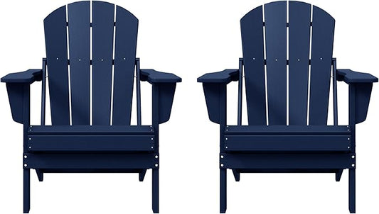 Costaelm Folding Patio Chairs Set of 2, Hdpe Adirondack Chairs Front Porch Furniture Outdoor Seating, All Weather Tanning Chair for Backyard Firepit Garden Lawn, Navy Blue