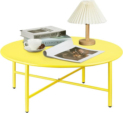 Patio Round Steel Patio Coffee Table, Weather Resistant Anti-Rust and Waterproof Indoor and Outdoor Large Side Table, for Garden Living Room Bedroom Balcony（Yellow）
