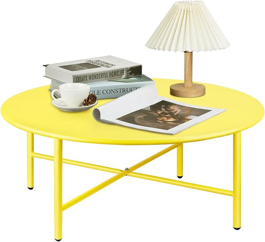 Patio Round Steel Patio Coffee Table, Weather Resistant Anti-Rust and Waterproof Indoor and Outdoor Large Side Table, for Garden Living Room Bedroom Balcony（Yellow）