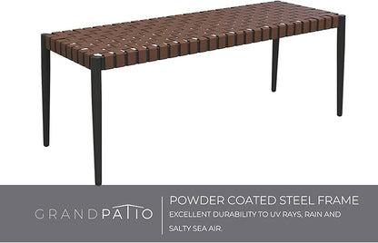 Grand patio Bench, 2-Seat Leather-Look Wicker Bench with Tapered Legs, Outdoor Bench for Small Front Porch Entryway
