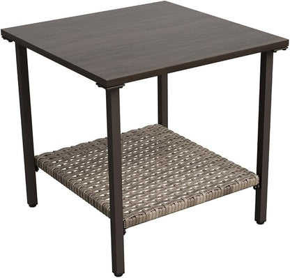 COOS BAY Aurora Terrace Outdoor Side Table with 2-Tier Storage, Metal Patio Table for Garden, Balcony, Poolside, Porch, Wood Grain Top