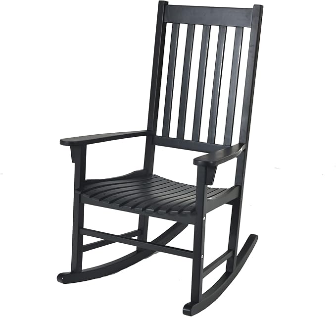 Tangkula Acacia Wood Porch Rocking Chair, Wooden Rocking Chair Rocker with High Back & Armrest for Indoor Outdoor Use, Patio Rocker for Garden Lawn Balcony Backyard Poolside (1, Black)