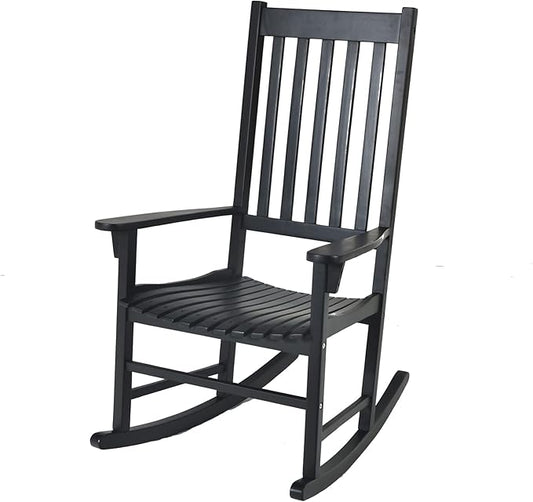 Tangkula Acacia Wood Porch Rocking Chair, Wooden Rocking Chair Rocker with High Back & Armrest for Indoor Outdoor Use, Patio Rocker for Garden Lawn Balcony Backyard Poolside (1, Black)