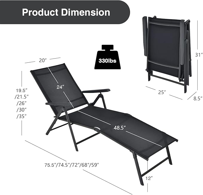 COSTWAY Folding Chaise Lounge, Lightweight & Breathable Fabric, Outdoor Tanning Recliner Chair for Deck, Beach (Black) - Photo 3