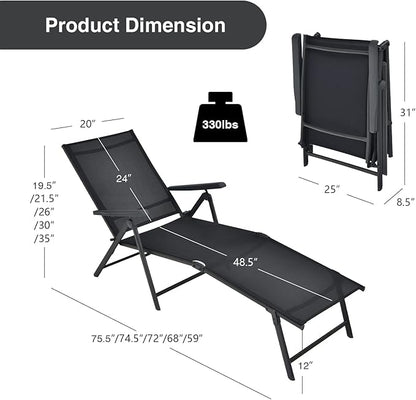 COSTWAY Folding Chaise Lounge, Lightweight & Breathable Fabric, Outdoor Tanning Recliner Chair for Deck, Beach (Black)