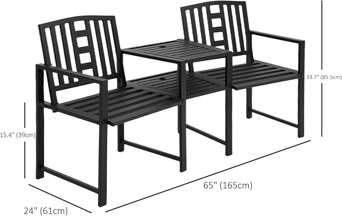 Outsunny Metal Garden Bench with Middle Table and Umbrella Hole, 2-in-1 Double Patio Chairs, Outdoor 2-Person Tete-a-Tete, Slatted, Black