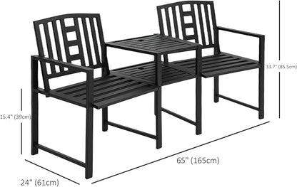 Outsunny Metal Garden Bench with Middle Table and Umbrella Hole, 2-in-1 Double Patio Chairs, Outdoor 2-Person Tete-a-Tete, Slatted, Black