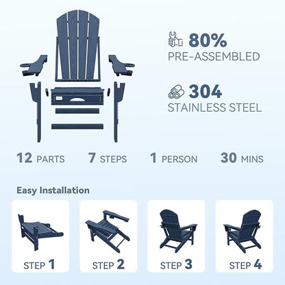 Mdeam 3-Level Adjustable Adirondack Chair with Retractable Ottoman, HDPE All-Weather Folding Fire Pit Chair with 2 Cup Holders, Outdoor Chair for Deck Patio Garden Backyard Lawn (Navy Blue)