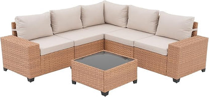 SUNSITT 6-Piece Patio Furniture Set, Outdoor Wicker Modular Sectional Sofa with 7.7-inch Wide Armrests & Thick Comfy Cushions, Glass Top Coffee Table, Rattan Conversation Set, Natural Color