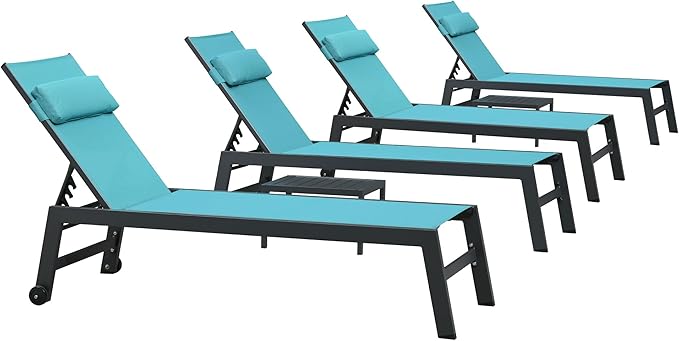 PURPLE LEAF Outdoor Lounge Chair Set Patio Chaise Pool Lounger Aluminum Frame with 2 Side Table and Wheels for Outside Sunbathing Tanning Recliner Including Pillows Turquoise Blue