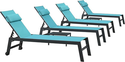 PURPLE LEAF Outdoor Lounge Chair Set Patio Chaise Pool Lounger Aluminum Frame with 2 Side Table and Wheels for Outside Sunbathing Tanning Recliner Including Pillows Turquoise Blue