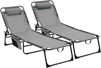 Portable Folding Outdoor Chaise Lounge Chair Set with Adjustable Reclining Backrest and Breathable Mesh Seat for Patio Poolside Garden Beach Relaxation