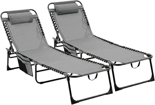 Portable Folding Outdoor Chaise Lounge Chair Set with Adjustable Reclining Backrest and Breathable Mesh Seat for Patio Poolside Garden Beach Relaxation