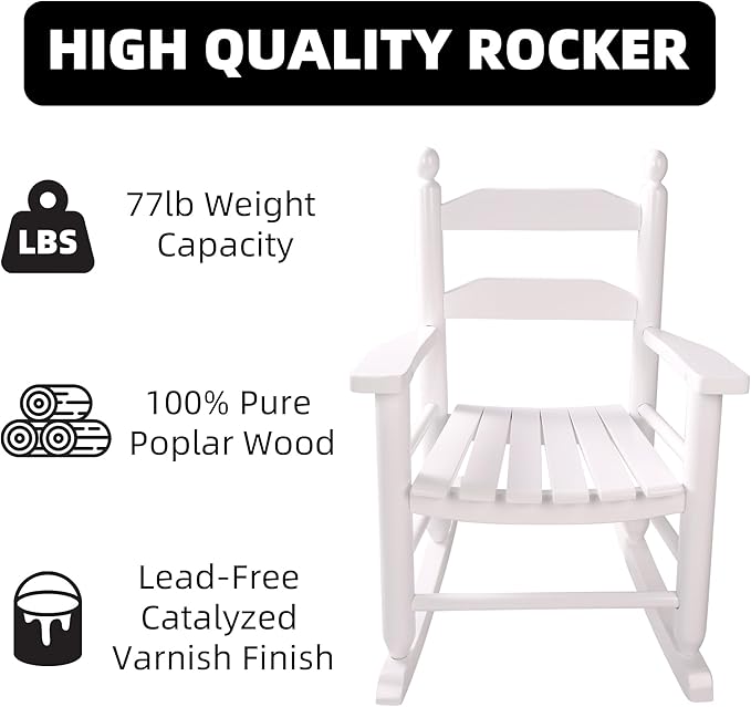 Toddler Rocking Chair Wooden Kids Comfy Recliner Rocker for Ages 3-6 Baby Lounge Chair Indoor Outdoor Children Playroom Anti-Tip Design Safe & Sturdy White