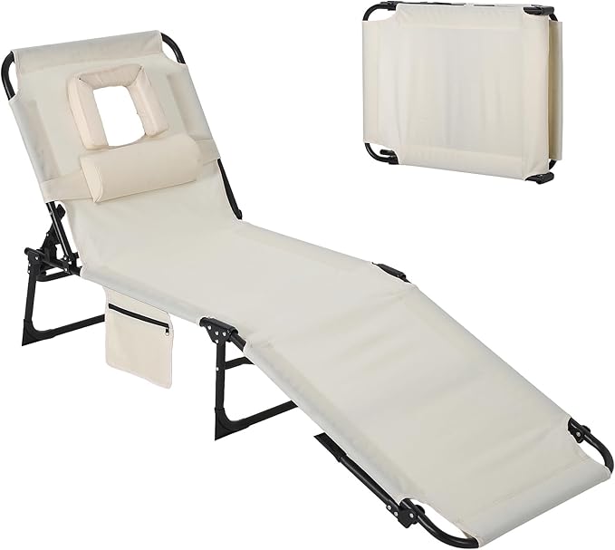 Tanning Chair with Face Hole Folding Beach Lounge Chair,5-Position Adjustable Backrest, Pillow & Side Pocket,Portable Face Down Chaise Lounge for Outdoor Backyard Poolside,Beach, Patio,Beige