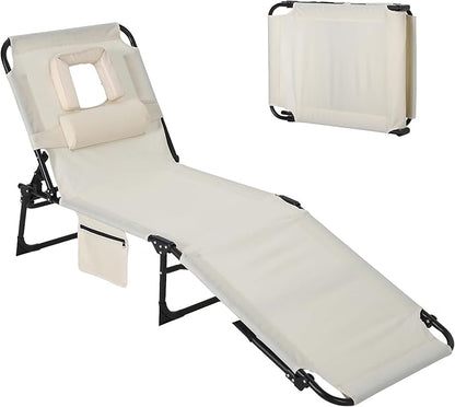 Tanning Chair with Face Hole Folding Beach Lounge Chair,5-Position Adjustable Backrest, Pillow & Side Pocket,Portable Face Down Chaise Lounge for Outdoor Backyard Poolside,Beach, Patio,Beige