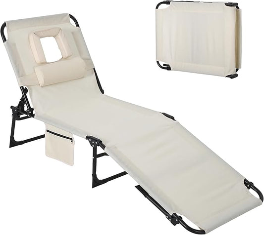 Tanning Chair with Face Hole Folding Beach Lounge Chair,5-Position Adjustable Backrest, Pillow & Side Pocket,Portable Face Down Chaise Lounge for Outdoor Backyard Poolside,Beach, Patio,Beige