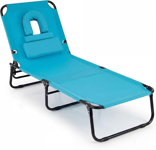 COSTWAY Tanning Chair with Face Hole, Pillows & Adjustable Backrest, Folding Chaise Lounge for Sunbathing, Beach, Seaside (1, Turquoise)