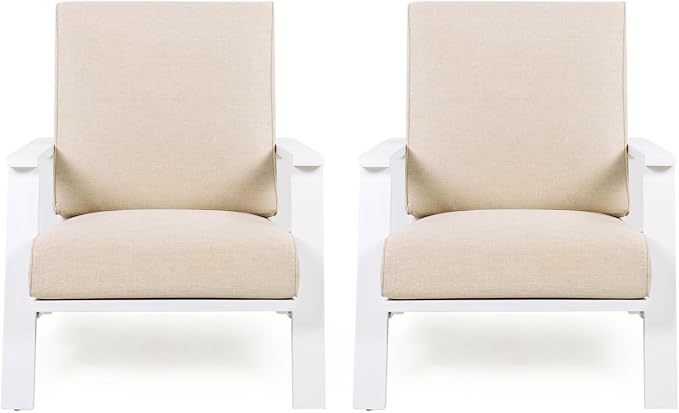 Merax Acacia Wood Outdoor Chaise Lounge Chair Set of 2, Patio Reading Lazy Recliner Sofa Couches Seating with Weather-Resistant Upholstered Cushions for Balcony Outside Pool, Beige+White