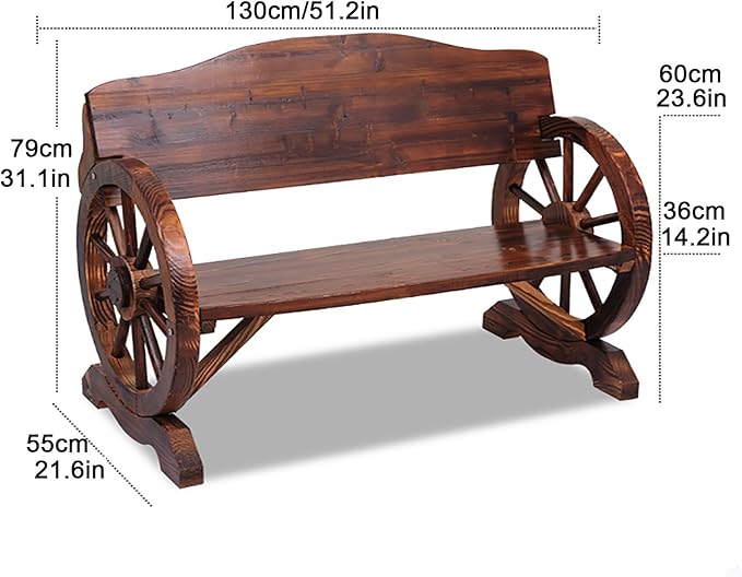 Outdoor Garden Bench, Wooden Wagon Wheel Bench Loveseat Chair Patio Furniture for Garden, Backyard, Porch, Park, Yard(130 * 55 * 79CM)