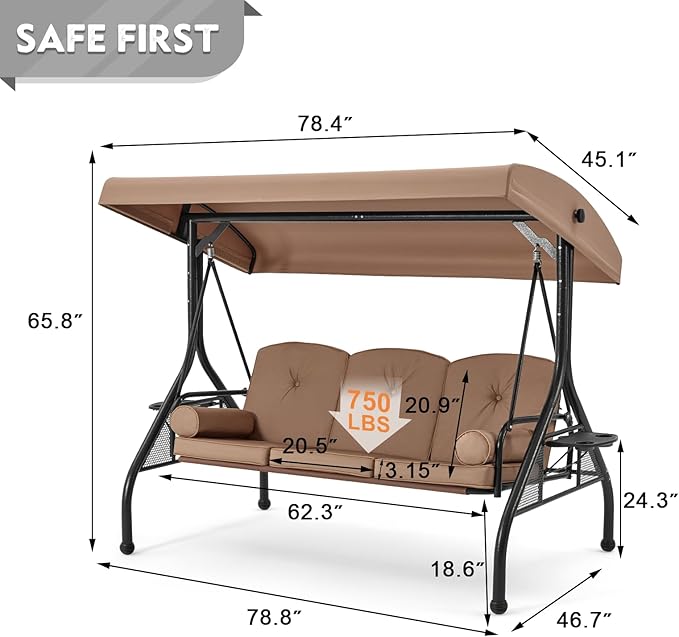 HOMREST 3 Seat Outdoor Porch Swing with Adjustable Canopy, Convertible Patio Swing Bed with Stand - Photo 6
