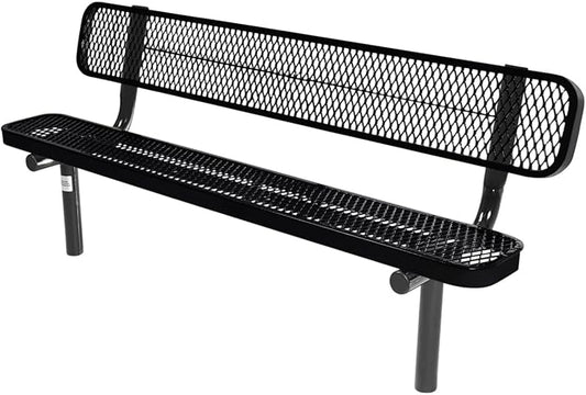 COATEDOUTDOORFURNITURE Coated Outdoor Furniture Heavy-Duty Outdoor Bench Thermoplastic Coated, Expanded Metal, Commercial-Grade Seating, Made in America (Inground with Back, 6 Ft, Black)