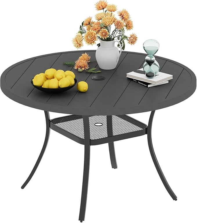 VICLLAX Round Patio Dining Table for 4-6, Outdoor Metal Dining Table with Umbrella Hole for Deck Lawn Garden Backyard, 47.2" Dark Grey