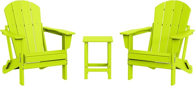 WestinTrends Malibu 3-Pieces Adirondack Chairs Set with Side Table, All Weather Outdoor Seating Plastic Patio Lawn Chair Folding for Outside Porch Deck Backyard, Lime