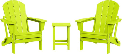 WestinTrends Malibu 3-Pieces Adirondack Chairs Set with Side Table, All Weather Outdoor Seating Plastic Patio Lawn Chair Folding for Outside Porch Deck Backyard, Lime