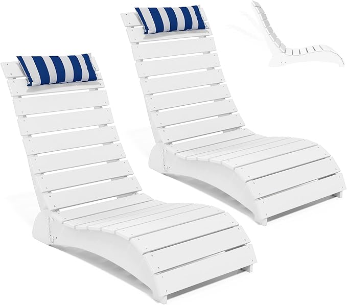 Pool Lounge Chairs Set of 2, HDPE Adjustable Chaise Chairs with Headrest, Weighted Fade-Resistant Pool Chairs and Lounger for Baja Ledge，Poolside and Deck, White